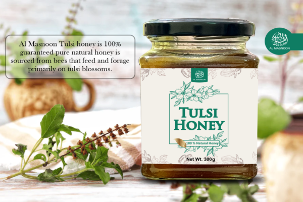 AL MASNOON Tulsi Honey 100% Natural & Pure 300g (pack of 1) Raw & Unprocessed / Bees Collects from Tulsi Blossoms