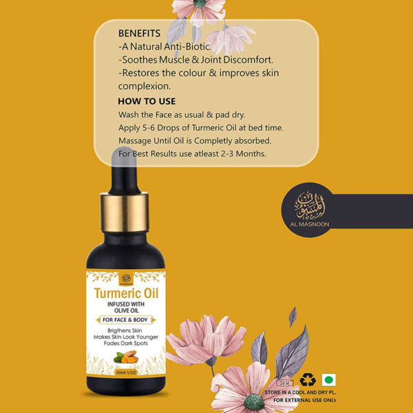 AL MASNOON Turmeric Oil for Face & Body 30ml ( pack of 1) Infused with Olive Oil /Brightens the Skin / 100% Natural