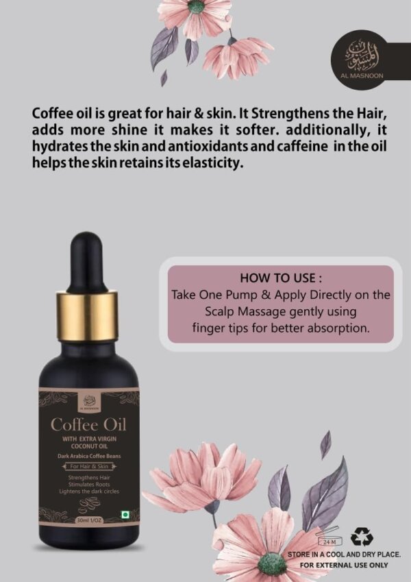 AL MASNOON Coffee Oil with Extra Virgin Coconut Oil for Body & Hair | 30ml | Made with Dark Arabica Coffee Beans for Nourished, Hydrated, and Radiant Skin & Hair