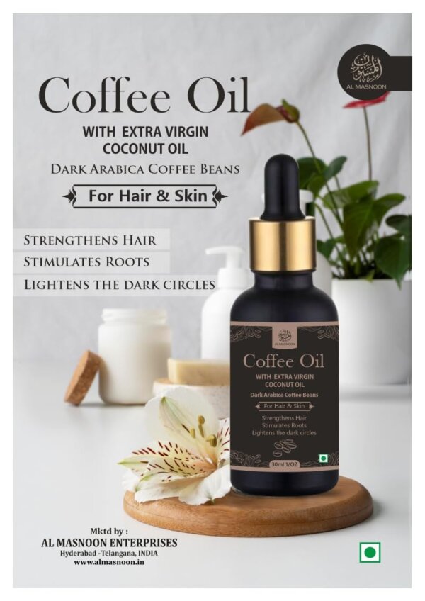 AL MASNOON Coffee Oil with Extra Virgin Coconut Oil for Body & Hair | 30ml | Made with Dark Arabica Coffee Beans for Nourished, Hydrated, and Radiant Skin & Hair