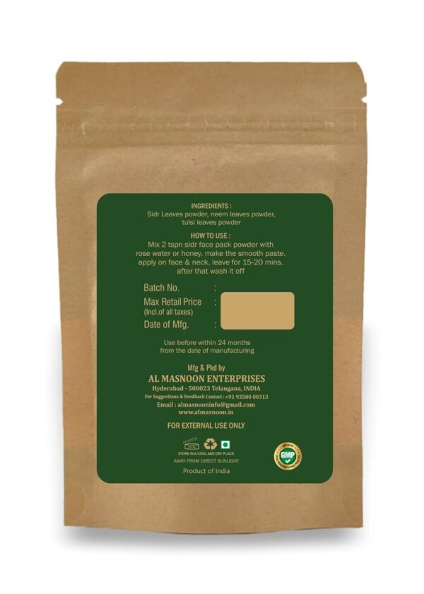 AL MASNOON Sidr Face Pack with Neem & Tulsi 50g / anti-bacterial/soothes irritated skin