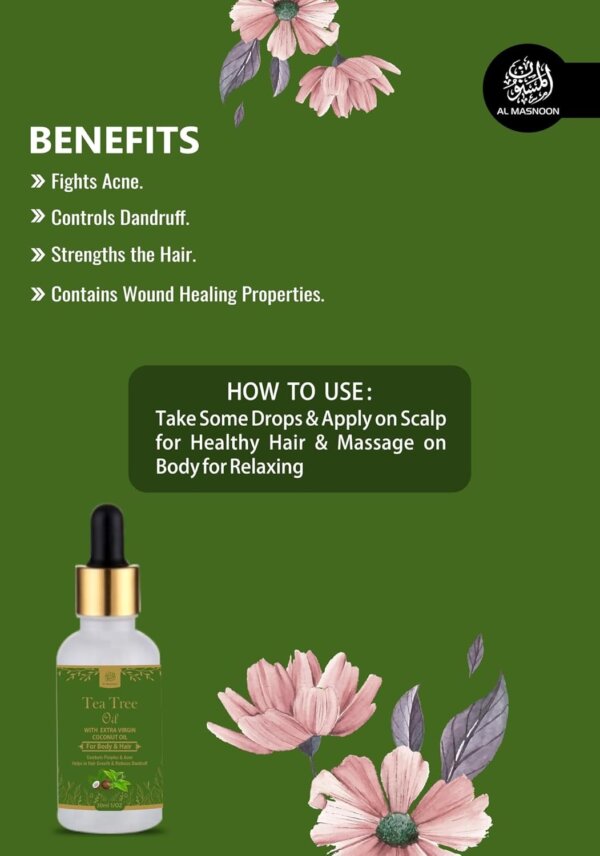 AL MASNOON Tea Tree Oil with Extra Virgin Coconut Oil - Natural Blend for Body & Hair Care - 30ml, Single Pack, Organic Essential Oil for Skin Cleansing, Scalp Health, and Nourishing Hair Treatment