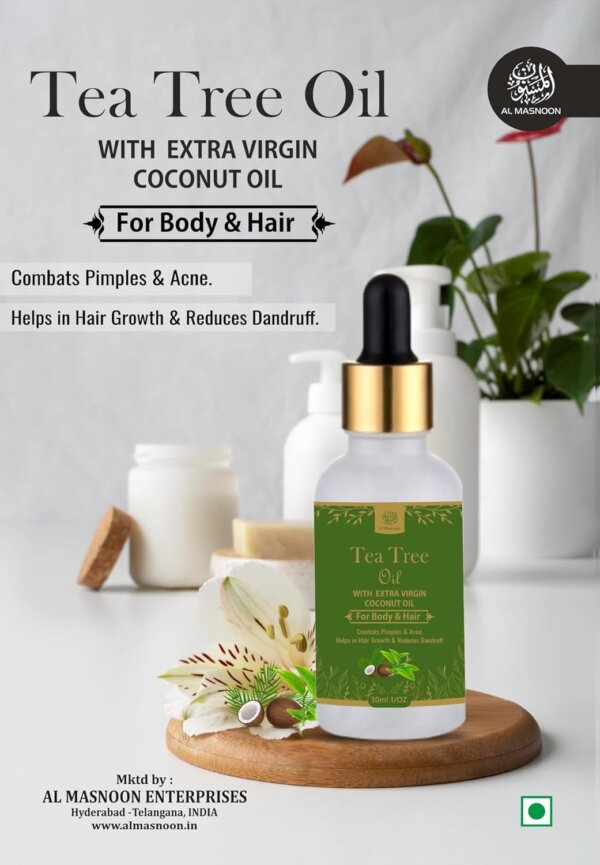 AL MASNOON Tea Tree Oil with Extra Virgin Coconut Oil - Natural Blend for Body & Hair Care - 30ml, Single Pack, Organic Essential Oil for Skin Cleansing, Scalp Health, and Nourishing Hair Treatment