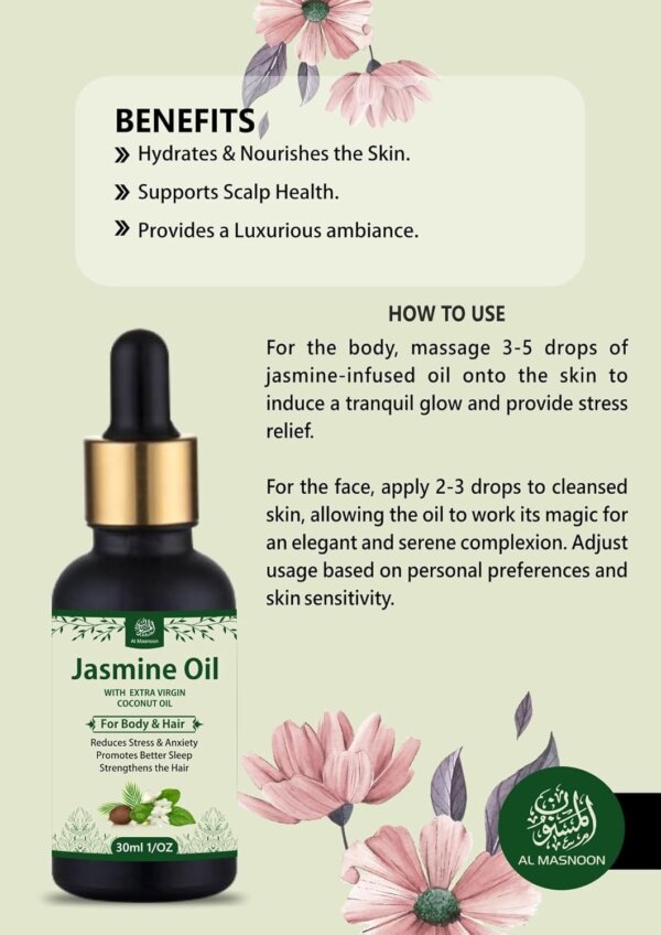 AL MASNOON Jasmine Oil Infused with Extra Virgin Coconut Oil for Body & Hair | 30ml | Natural, Nourishing, and Rejuvenating Beauty Solution