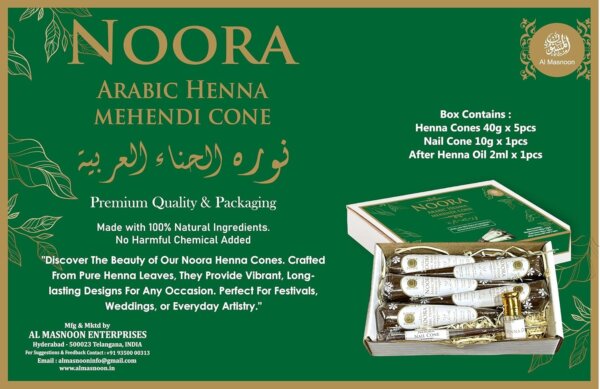 AL MASNOON Noora Henna Mehendi Combo Pack ( 5 Henna Cones/ 1 Nail Cone, 1 After Care oil ) A Premium Packaging Combo Pack of Natural Bridal Henna Cones / Made With Natural Ingrdients & No Chemical Added