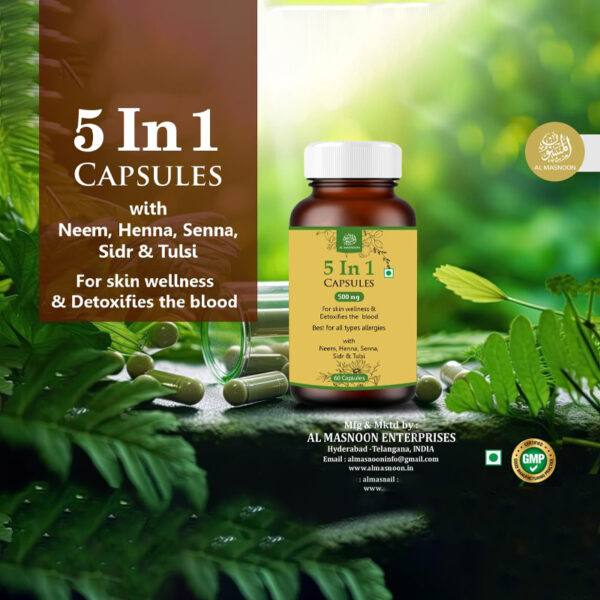 5-in-1 Herbal Capsules 500mg with Neem, Tulsi, Henna, Senna & Sidr for All Skin Types